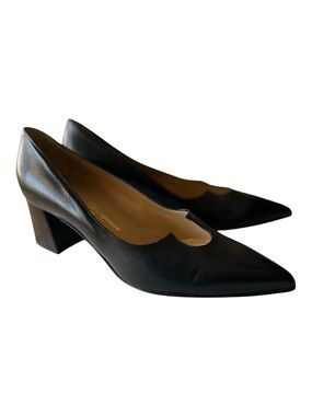Michele Lopriore Sculpted Black Leather Pointed Toe Block Heel Pumps